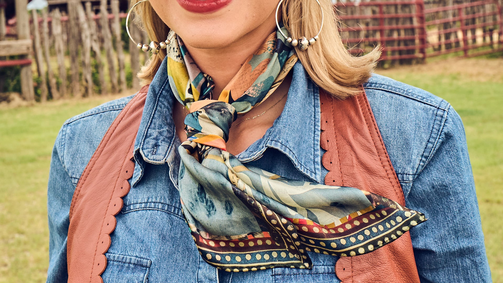 Silk Scarf on woman's neck in western attire, 