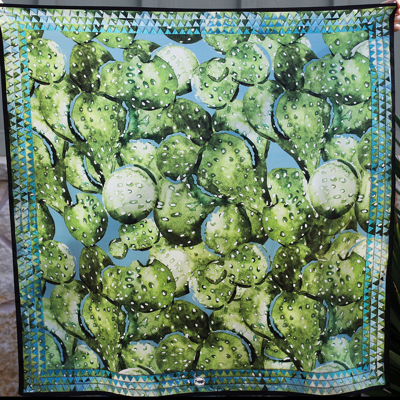 Southwestern Cactus Prickly Pear Print 100% Silk Fringe Scarf