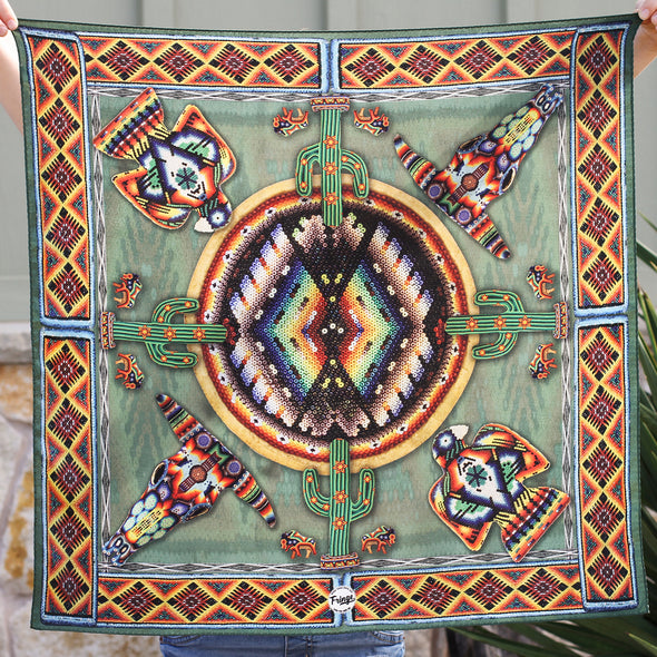 Southwestern Santa Fe Aztec Navajo Beaded Print 100% Silk Fringe Scarf