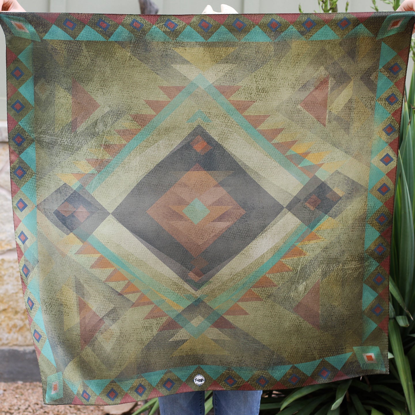 Southwestern Santa Fe Aztec Navajo Chevron Print 100% Silk Fringe Scarf