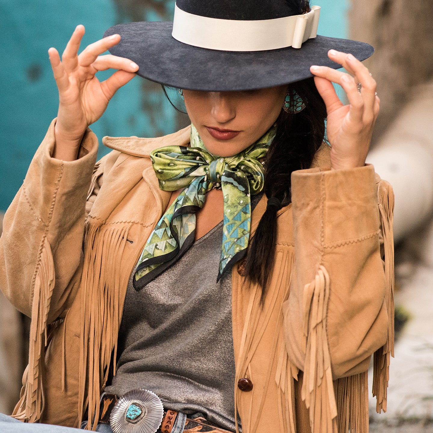 Southwestern Cactus Prickly Pear Print 100% Silk Fringe Scarf