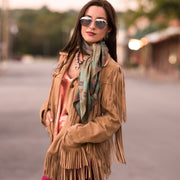 Southwestern Santa Fe Aztec Navajo Chevron Print 100% Silk Fringe Scarf