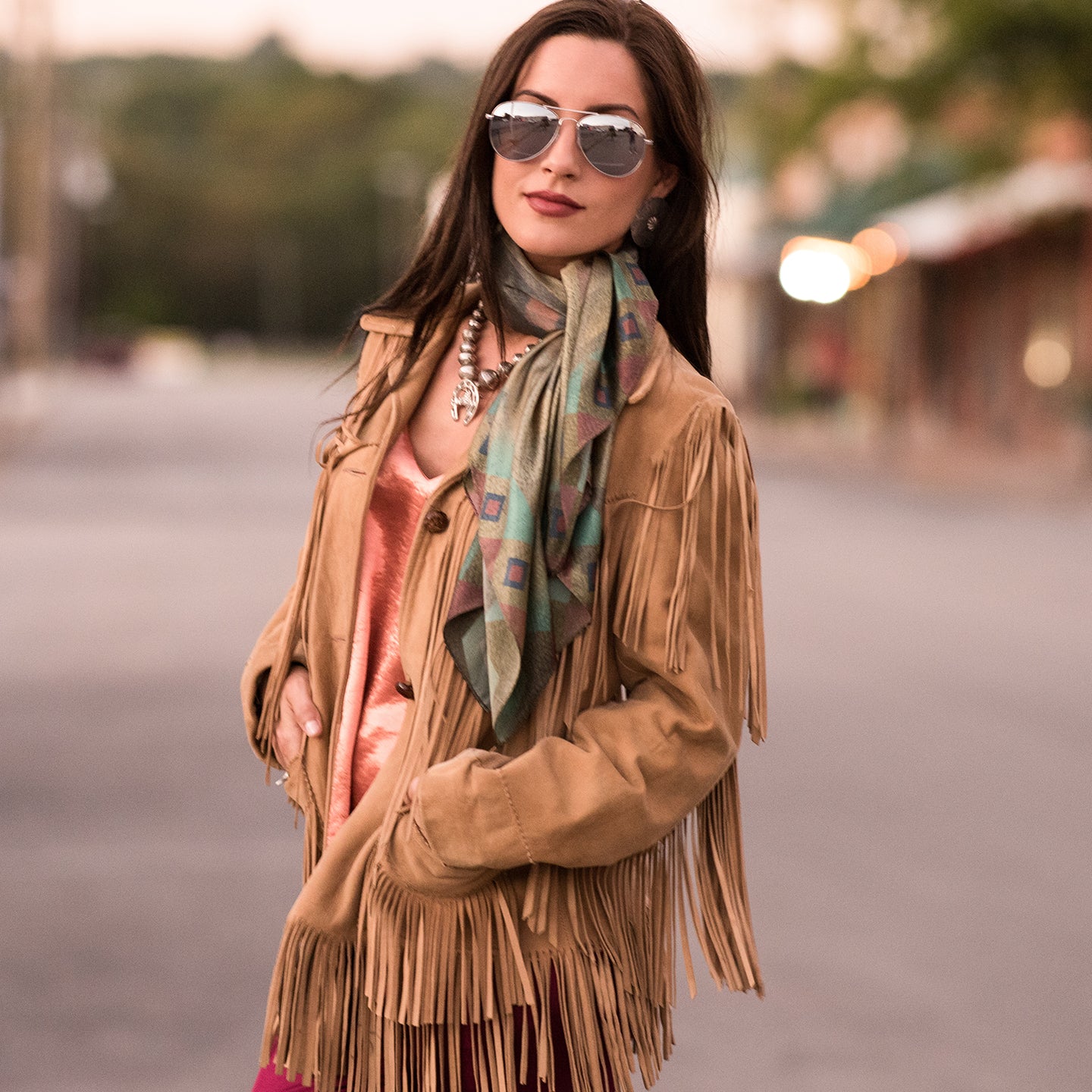 Southwestern Santa Fe Aztec Navajo Chevron Print 100% Silk Fringe Scarf