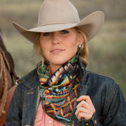 Cowboy Southwestern Santa Fe Aztec Navajo Beaded Print 100% Silk Fringe Scarf