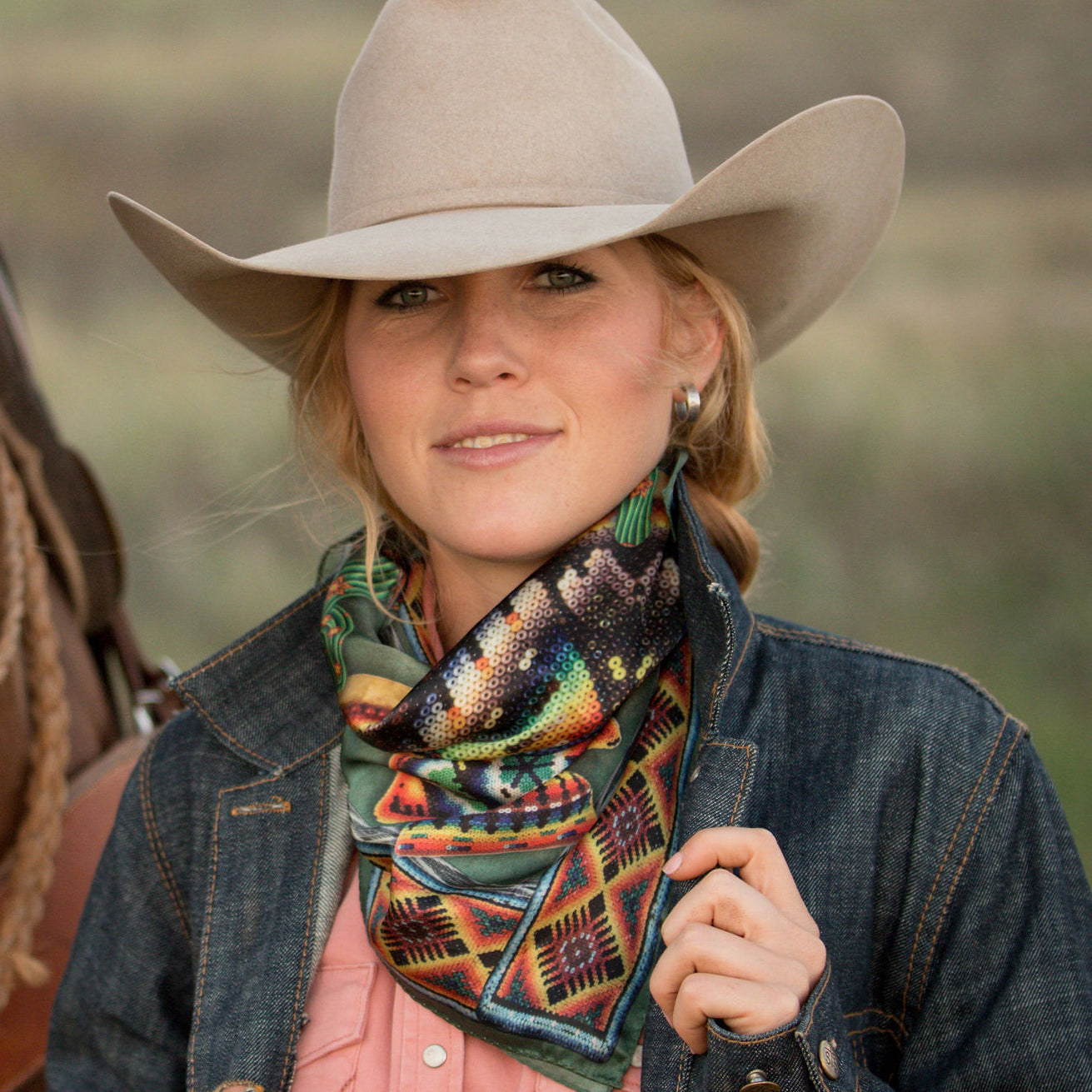 Cowboy Southwestern Santa Fe Aztec Navajo Beaded Print 100% Silk Fringe Scarf